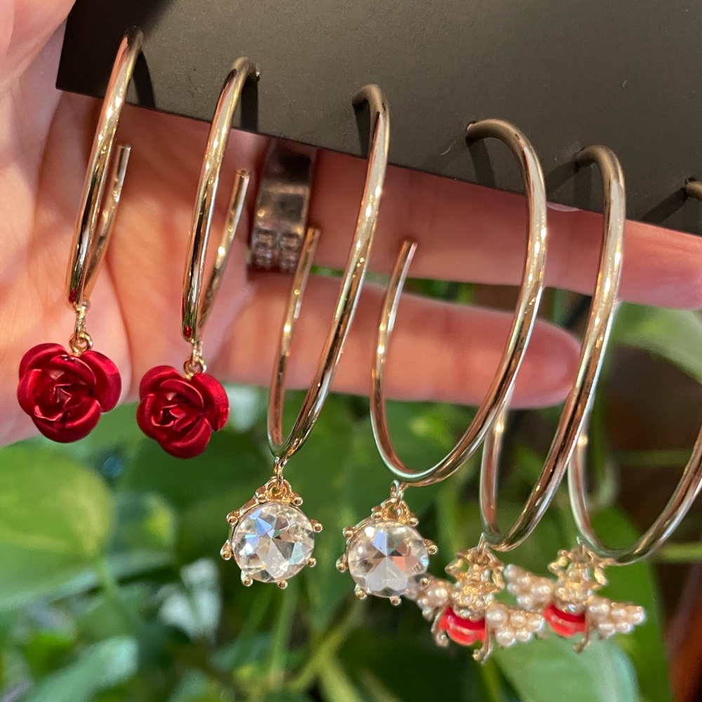 Thalia Sodi 3 pair large hoop earrings bundle red rose bee faux diamond $35 new